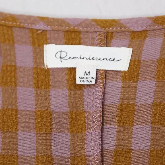 Reminiscence Gingham Plaid Seersucker Puff Short Sleeves Flared Dress Mini Tan - Picture 6 of 13
